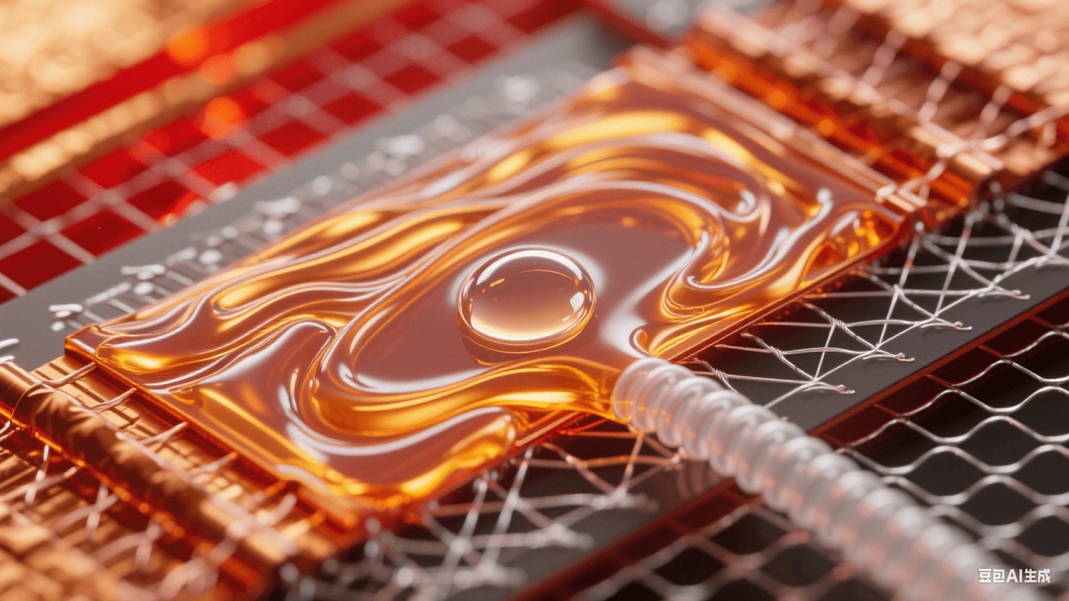 顯微穿透鏡頭：熔融琥珀樹脂層中氣泡被真空力拉伸成淚滴形態(tài)，尾部銀白氣流螺旋逃逸，高溫銅箔泛紅金光暈，玻璃纖維網(wǎng)格間可見氣體逸出路徑