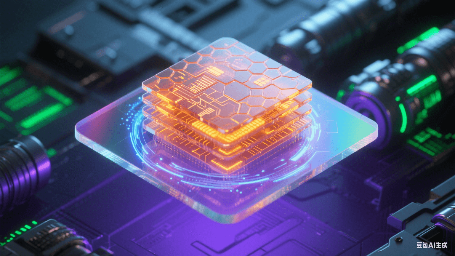 懸浮于紫色電磁場(chǎng)的半透明虹彩電路基板，琥珀態(tài)陶瓷膠包裹發(fā)橙光線路，蜂窩狀屏蔽腔外環(huán)繞藍(lán)白粒子漩渦，虛化CT金屬部件與熒光綠數(shù)據(jù)流交織