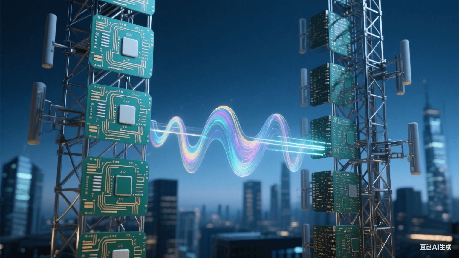 未來主義蜂窩基站，深藍暮光中金屬網格結構散發(fā)冷光，多層電路板含翡翠綠與鎏金走線，半透明高頻材質折射虹彩，電磁波脈沖懸浮，搭配光纖質感與陶瓷基板紋理，背景為虛化城市輪廓