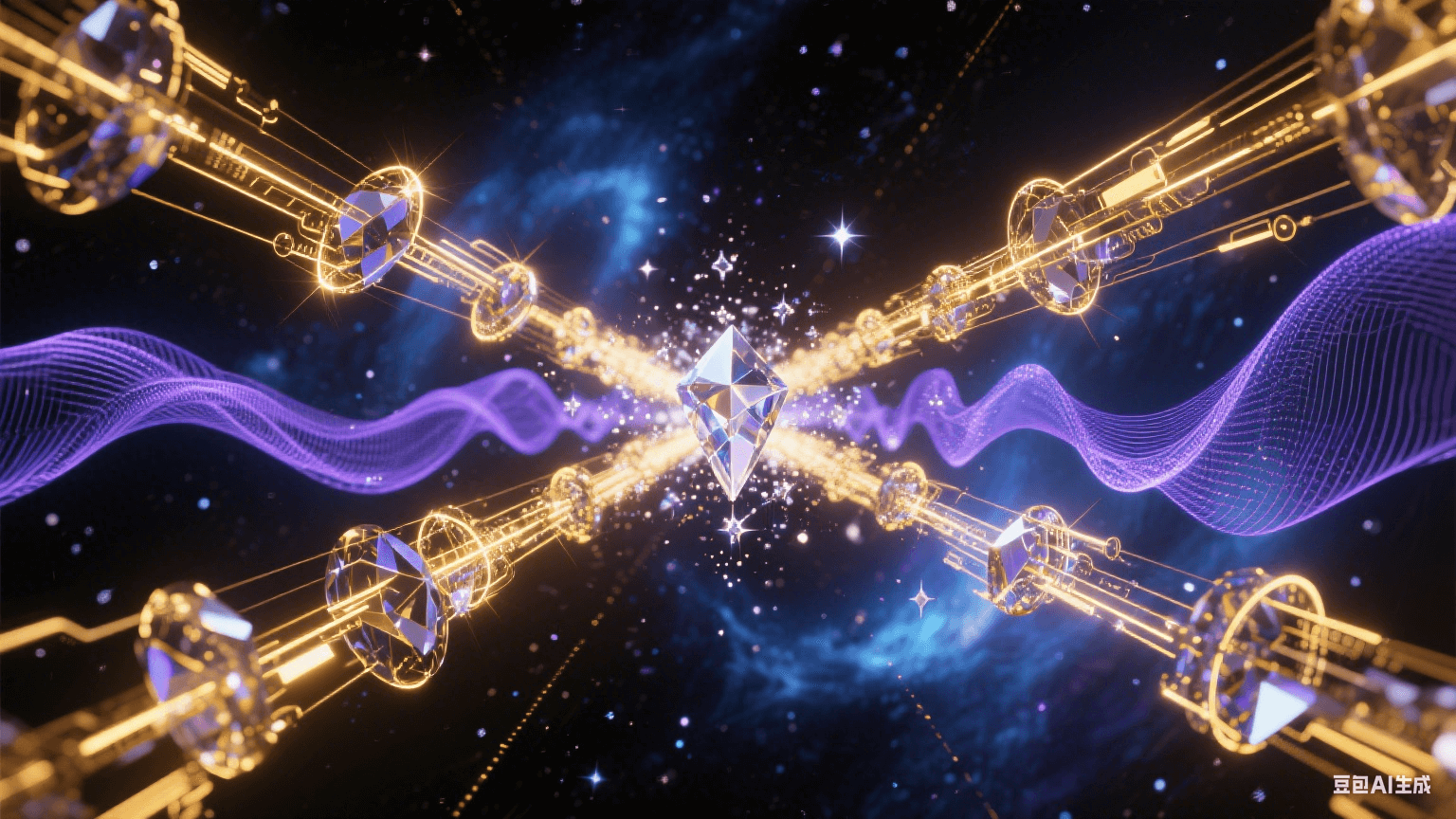 相位穩(wěn)定抽象科技藝術：水晶狀信號波束在暗宇宙精準同步，黃金色電磁軌道平行延伸，藍紫色相位波紋穩(wěn)定擴散，背景為量子藍與暗物質黑漸變星云，光束交匯處有鉆石星塵特效