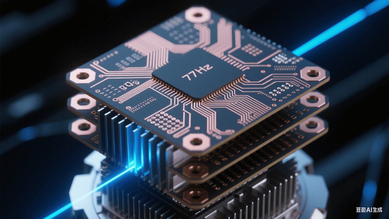 汽車毫米波雷達核心剖面特寫，77GHz高頻電路板立體分層如晶簇，玫瑰金色銅箔嵌入墨玉色基材，幽藍激光束動態(tài)顯示信號路徑，散熱鰭片泛冷銀光澤，背景為深空黑與量子藍漸變，過孔呈蜂巢狀幾何結構