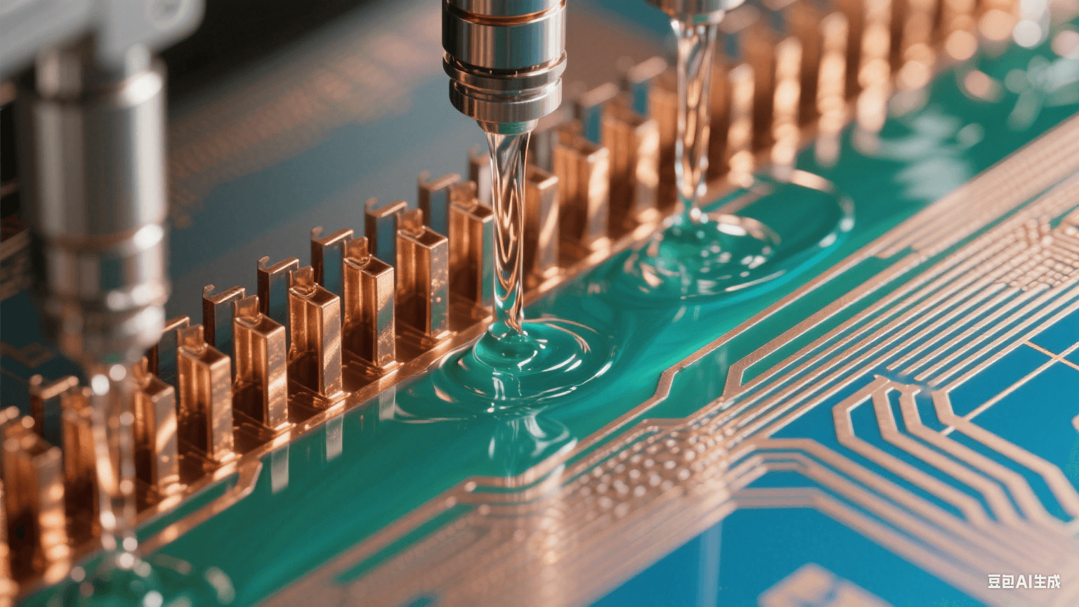 弱堿性蝕刻液流經(jīng)銅箔形成藍(lán)綠漸變流體場(chǎng)，微噴淋系統(tǒng)雕刻鏡面般金屬紋理（Ra≤0.1μm），顯微視角展現(xiàn)無鼠咬缺陷的熔金質(zhì)線路輪廓
