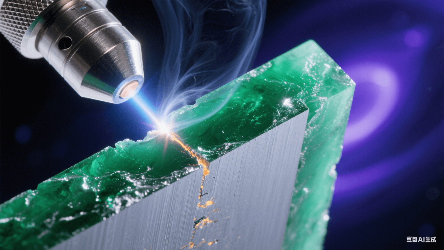 紫外激光束切割翡翠綠高頻基材，熔融邊緣泛水晶光澤，截面顯微視角顯示分子級(jí)光滑表面（Ra≤0.3μm），氮?dú)饫鋮s流吹散煙塵，深空背景中藍(lán)紫光斑與金屬冷光交織