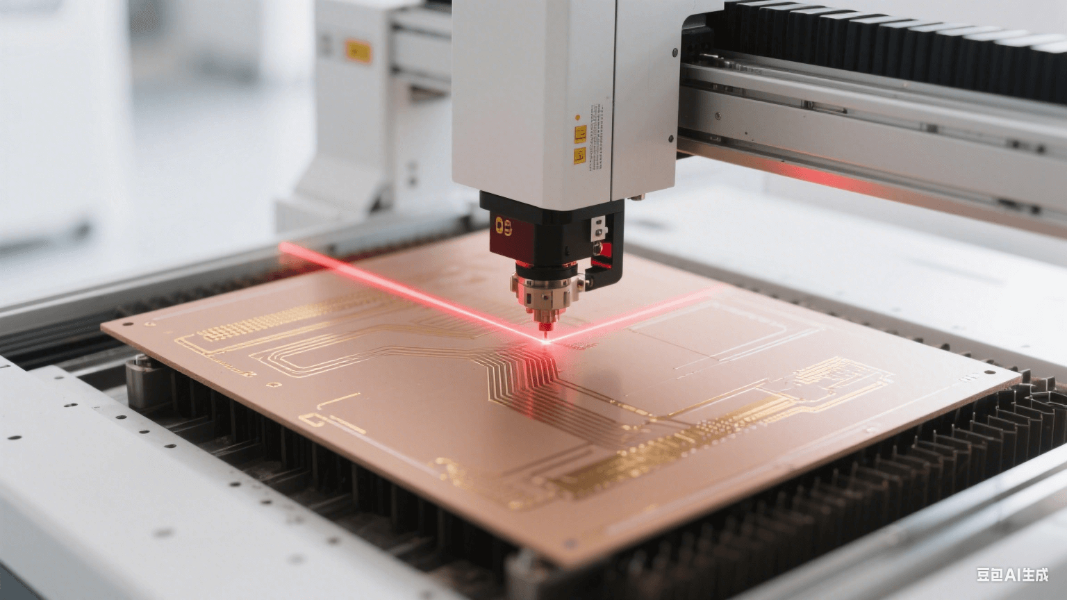 毫米波 PCB 制造場景：激光直繪設(shè)備用紅色激光加工淺棕色板材，表面有亮金色銅質(zhì)線路
