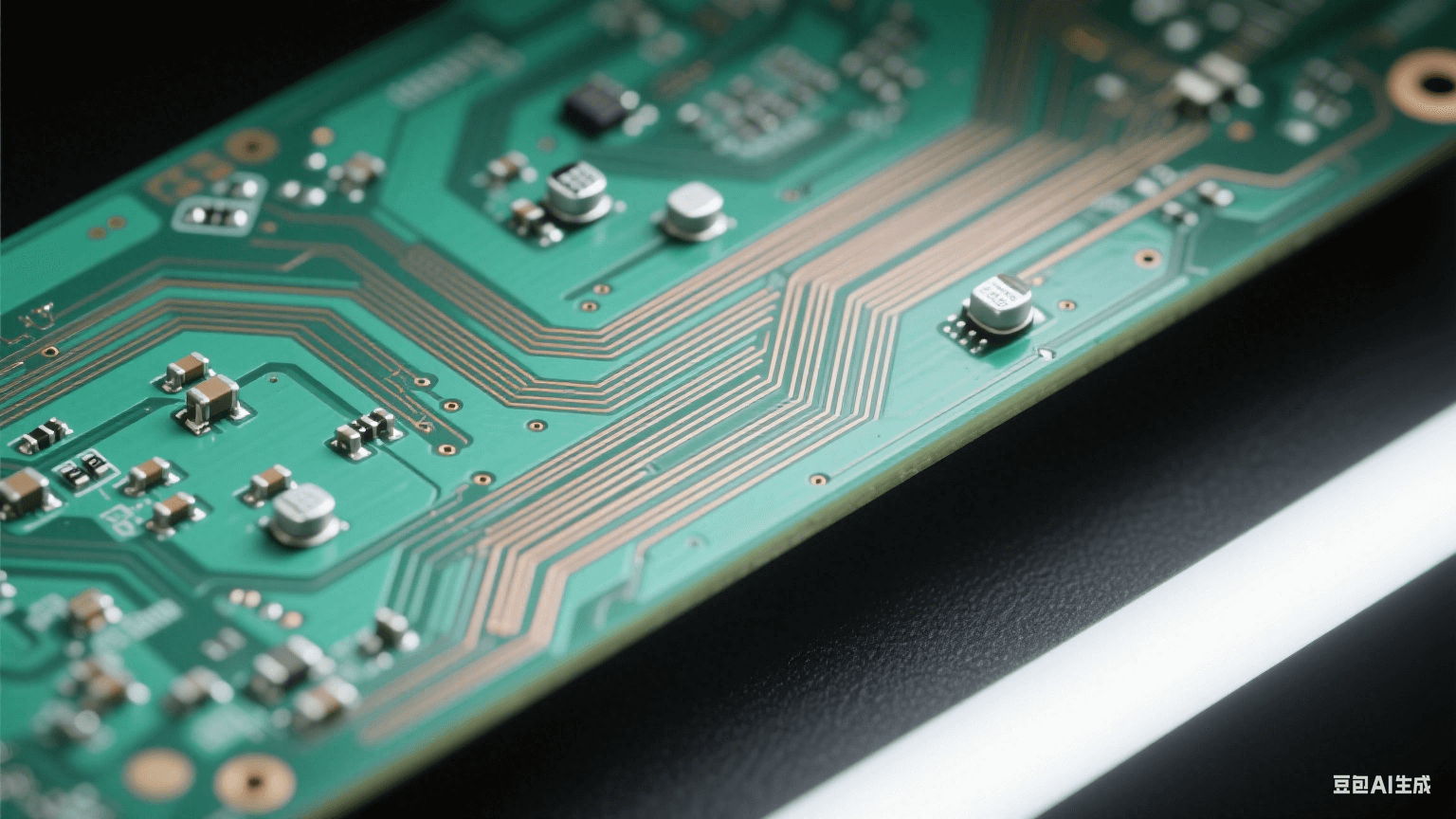 高性能計算芯片 PCB 板細(xì)節(jié)：淡綠色板體布滿纖細(xì)銅色差分傳輸線（轉(zhuǎn)折平滑）