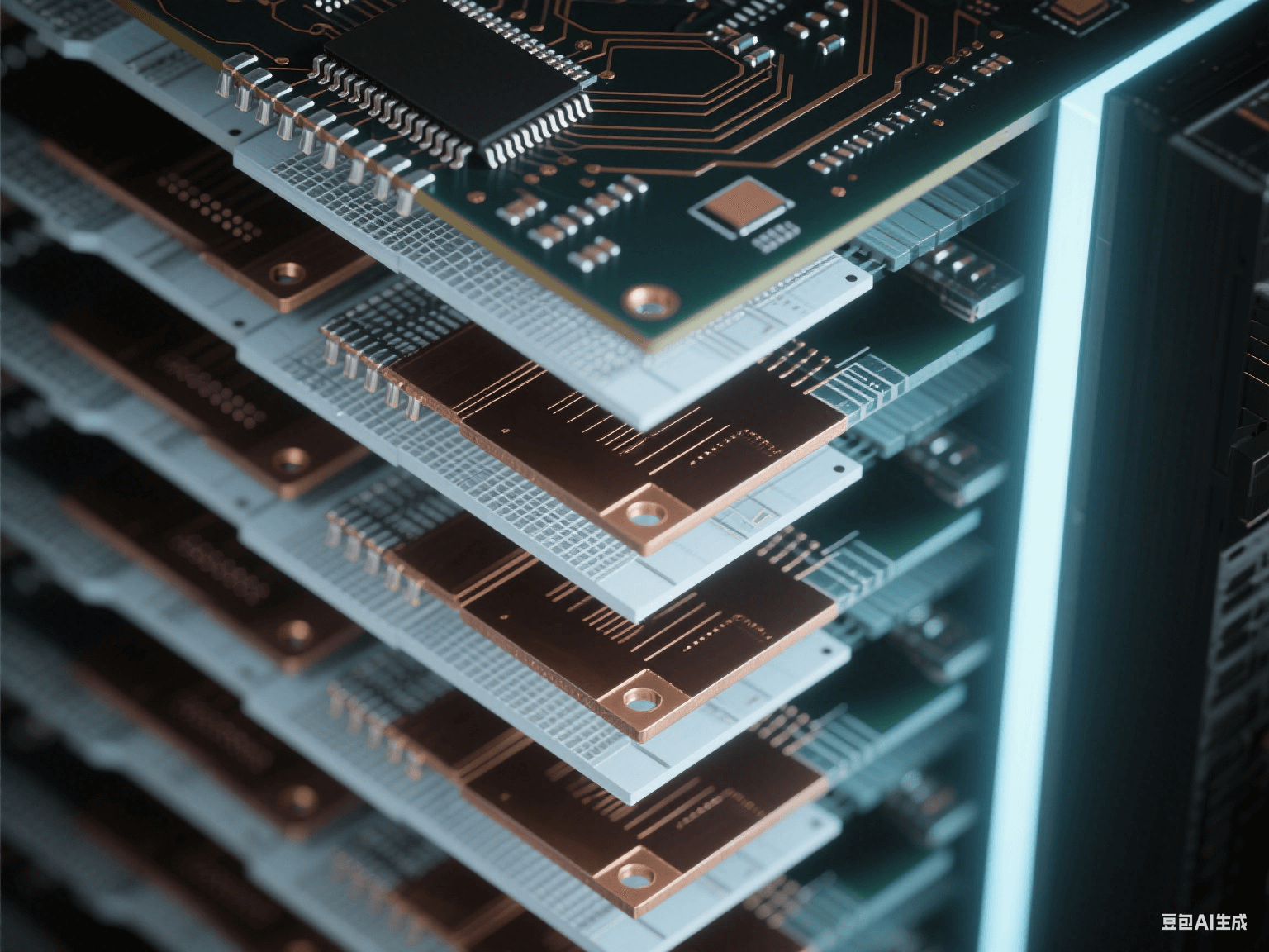 工業(yè)控制設(shè)備多層 PCB 垂直截面，8 層深淺交替結(jié)構(gòu)，帶傾斜金屬化通孔，冷光下顯工業(yè)科技氛圍