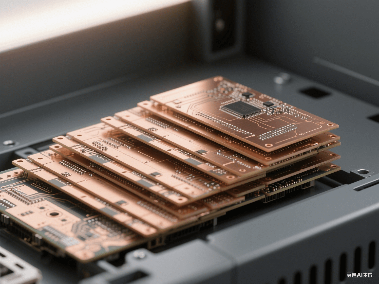 服務(wù)器機箱內(nèi) PCB 組件，多層水平排列，銅質(zhì)接地層側(cè)光反射，淺棕色介質(zhì)層顯層壓痕跡