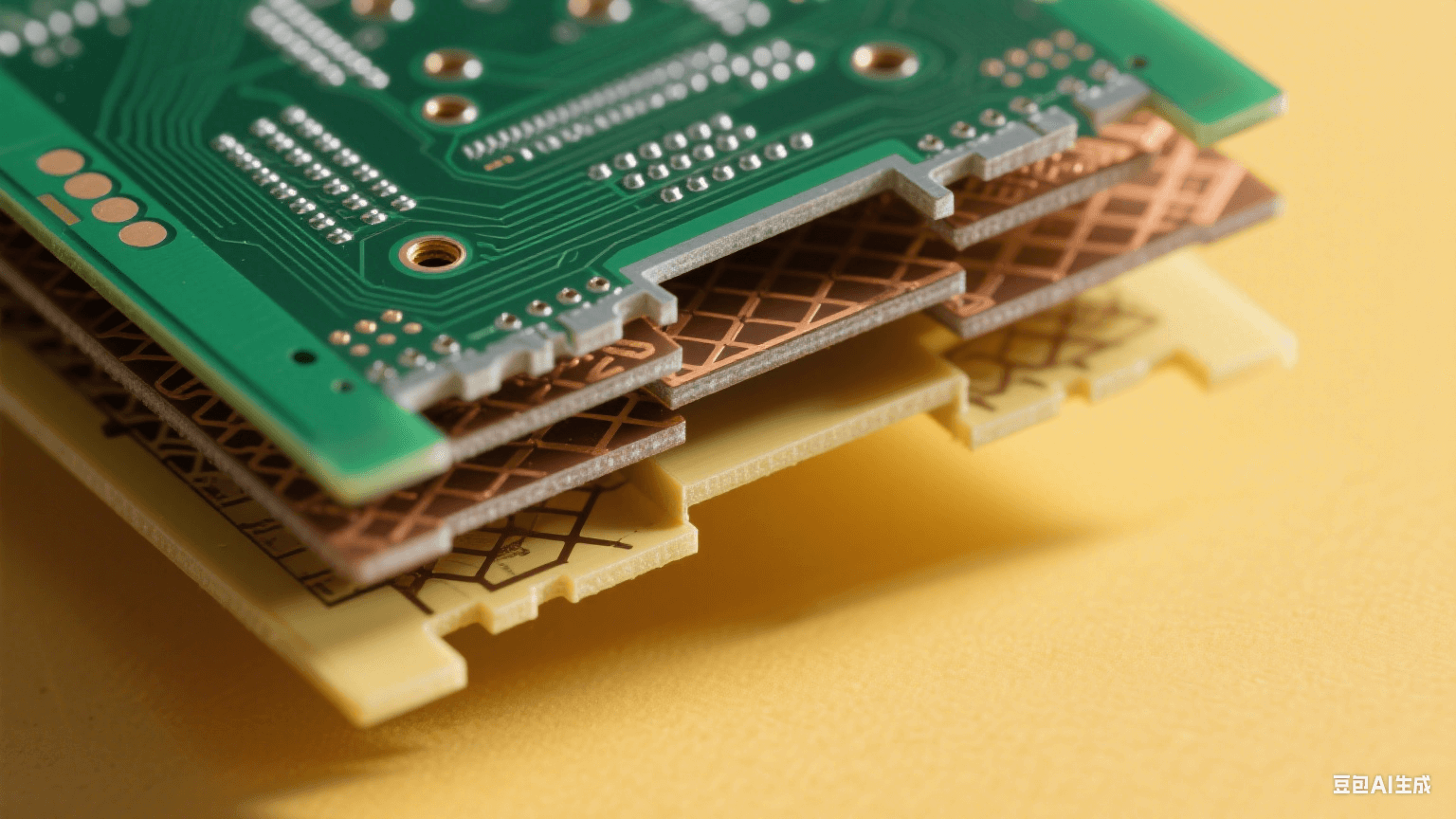 45° 傾斜多層 PCB，頂層深綠基板有 0.1mm 微孔（銀灰色金屬孔壁），中間層棕色半固化片埋孔與交錯銅箔網(wǎng)格，底層淺黃 FR-4 形成色彩對比，左側暖黃側光在層間投細長陰影