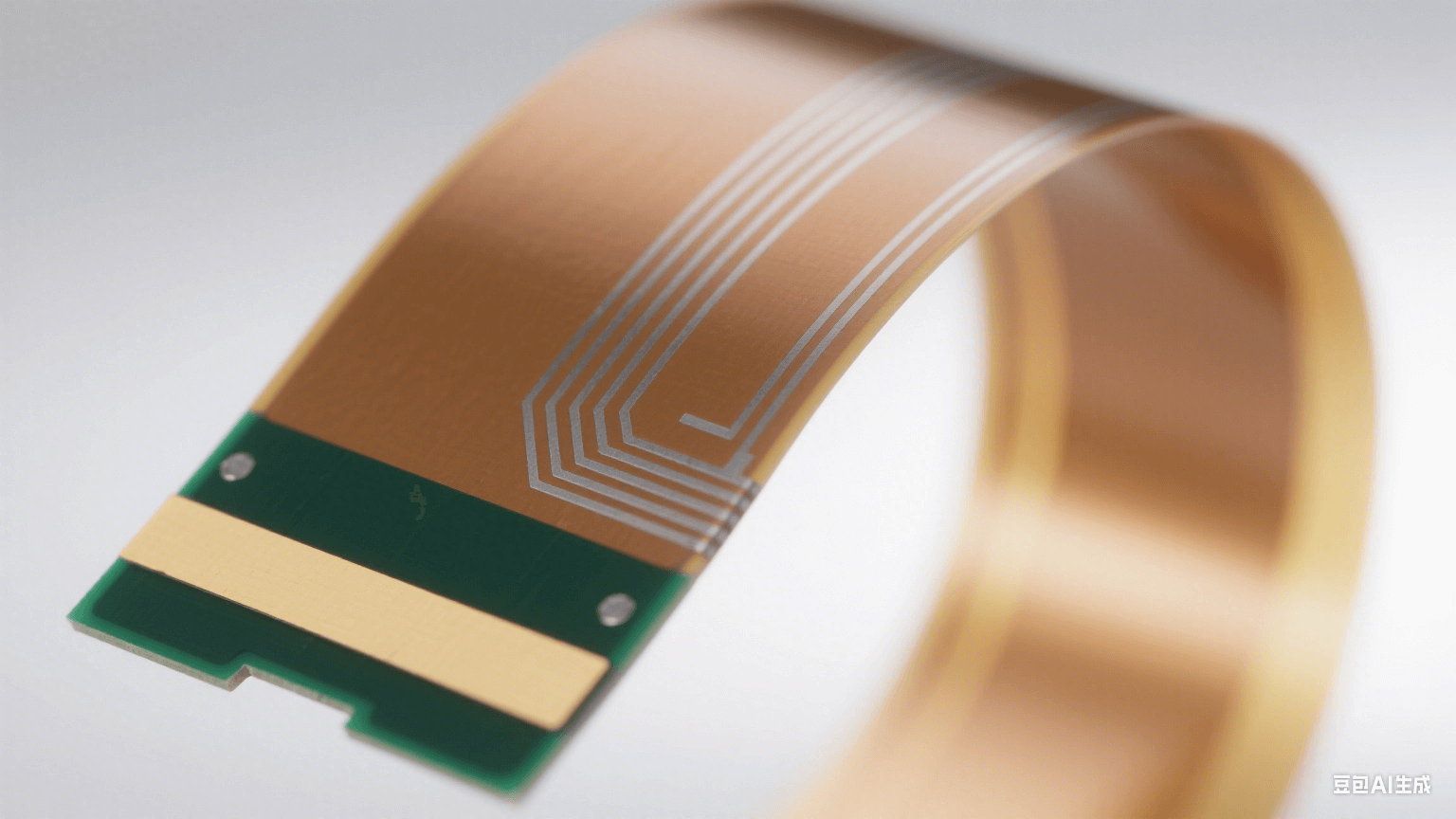 120° 彎曲的淺棕色 PI 薄膜表面有銀灰色銅箔線路（彎曲處連續(xù)），剛性部分為深綠色 FR-4，連接處有淺黃補強板