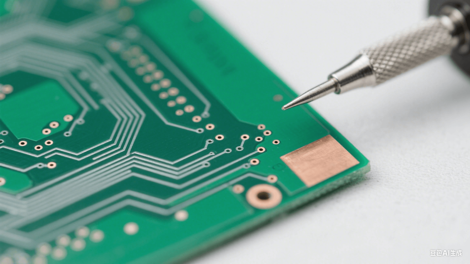 綠色 FR-4 基板上有銀灰色細密銅線路（邊緣光滑）與 0.05mm 微孔，一角露出羅杰斯 RO4000 淺棕色層壓結構，冷白光下銅箔反光，背景為虛化淺灰工作臺，磨砂金屬探針局部接觸基板