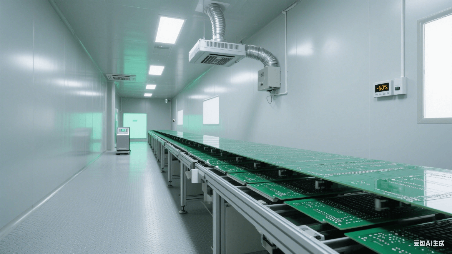 高濕度防靜電：深綠色 PCB 在流水線，頂部銀色除濕裝置吹氣，淺灰防靜電地板，遠處靜電場計泛綠光，冷灰側(cè)光顯干燥潔凈