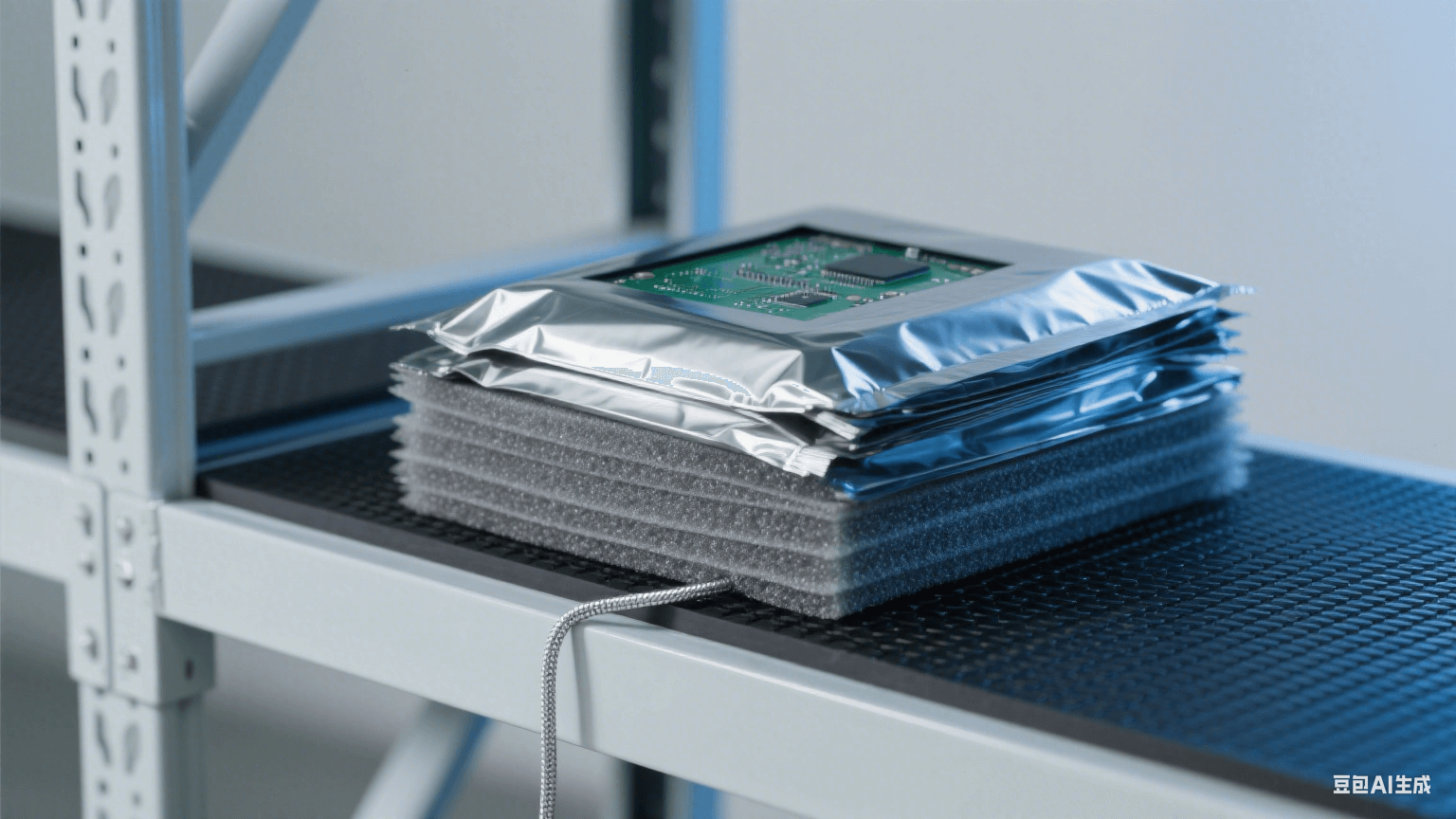 倉儲防靜電包裝：淺灰貨架鋪黑色橡膠墊（連銀色接地線），鍍鋁屏蔽袋包裹 PCB，層間夾灰色珍珠棉，冷藍光凸顯屏蔽防護