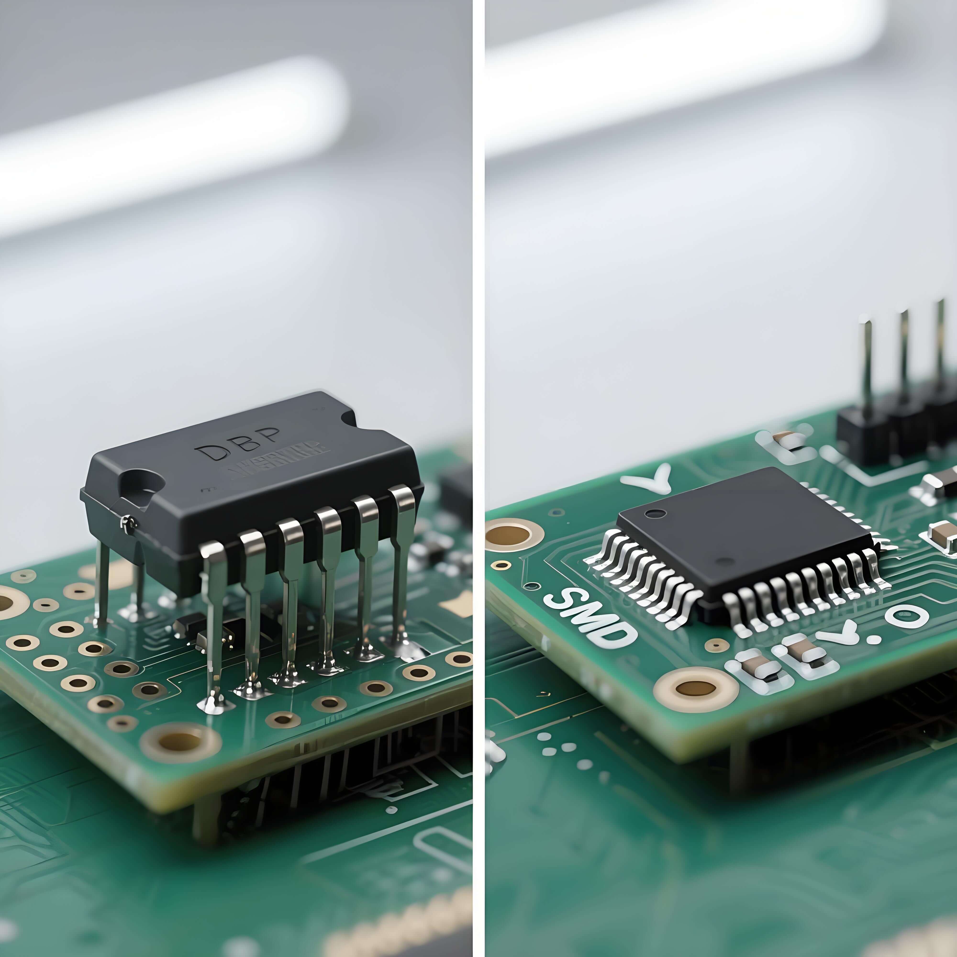 DIP 與 SMT 封裝對(duì)比特寫(xiě)，左側(cè)黑色環(huán)氧樹(shù)脂 DIP 芯片雙列直插引腳，右側(cè)銀色 SMT 器件表面貼裝引腳，均置于綠色 PCB 板，顯材質(zhì)與結(jié)構(gòu)差異