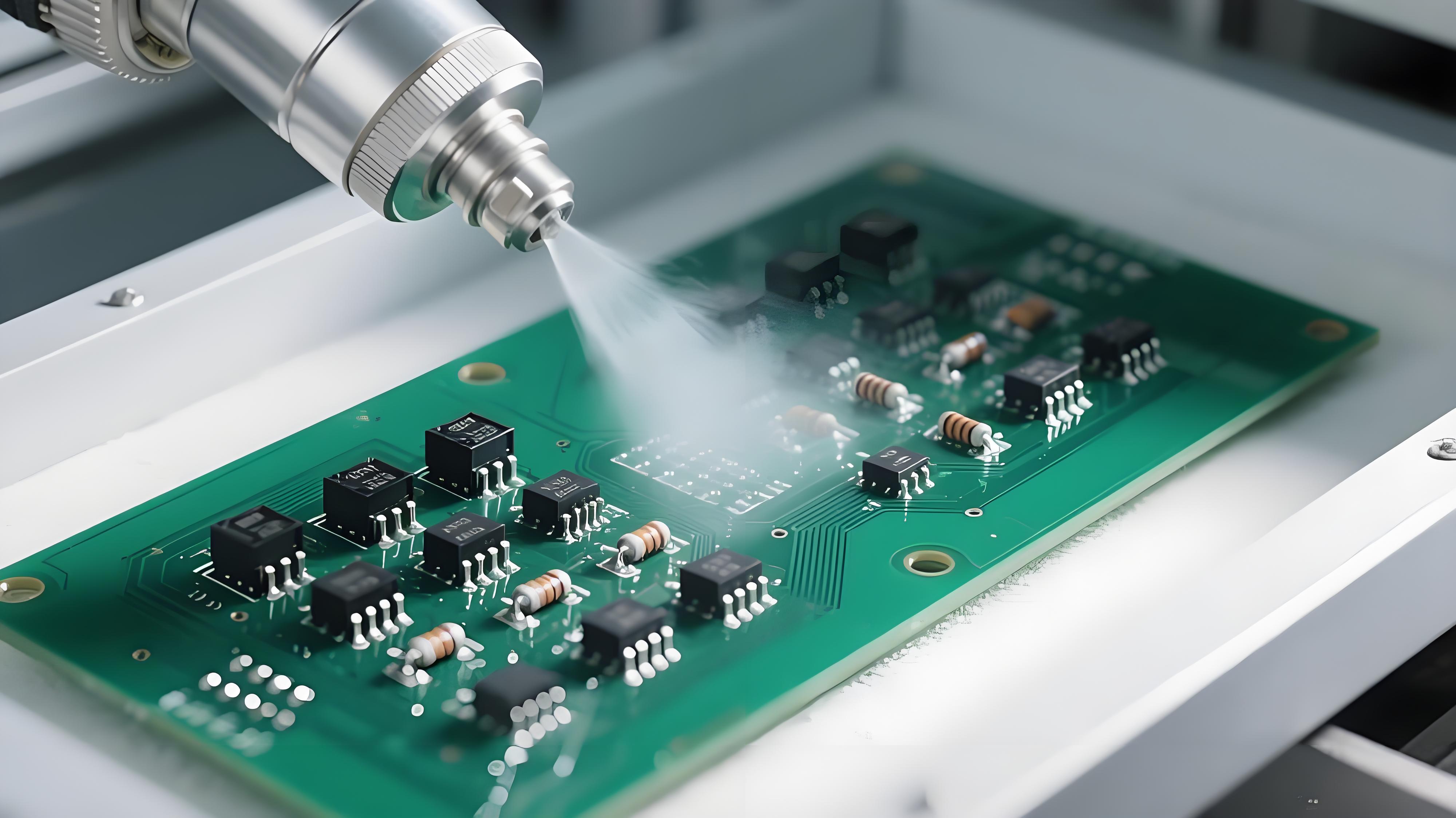 THT元件三防涂覆過程中噴嘴噴涂防護(hù)涂層的特寫 THT元件三防涂覆過程中噴嘴噴涂防護(hù)涂層的特寫