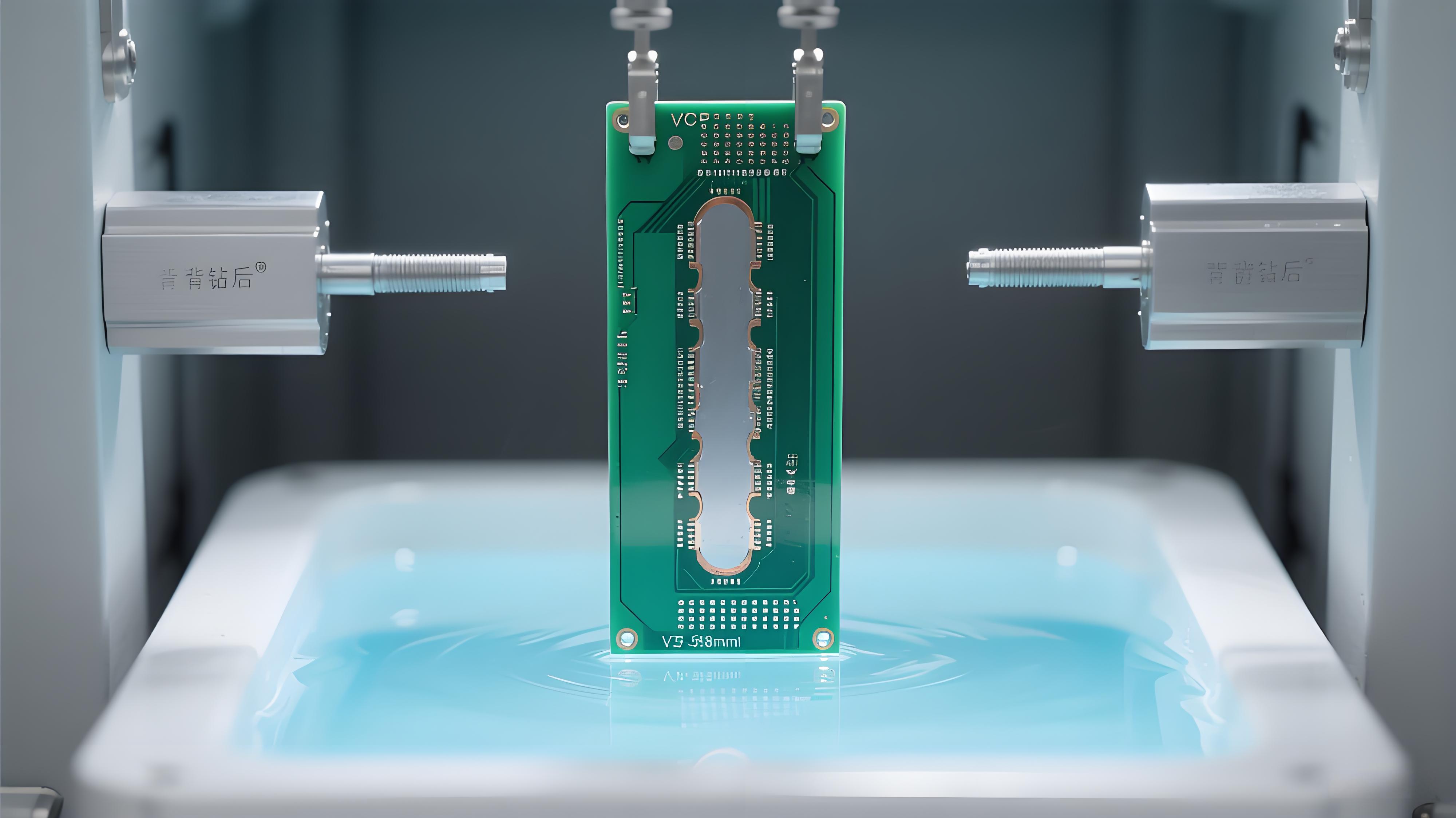 PCB背鉆后VCP垂直電鍍 淡藍(lán)色電鍍液與背鉆孔銀灰色銅層 孔銅厚度控制場景 PCB背鉆后VCP垂直電鍍 淡藍(lán)色電鍍液與背鉆孔銀灰色銅層 孔銅厚度控制場景