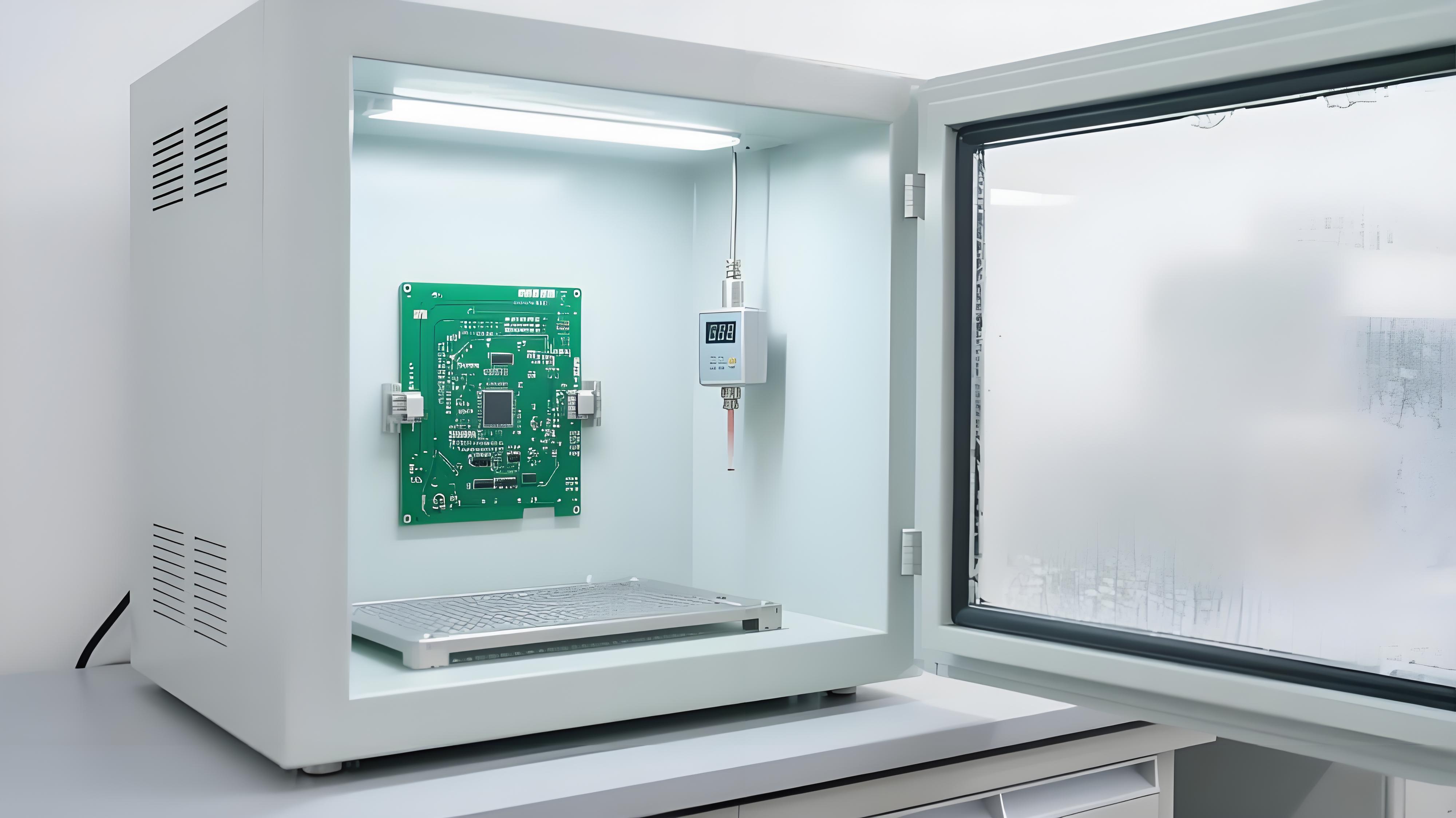 國標(biāo)環(huán)境PCB背鉆檢測 恒溫恒濕箱與銀色傳感器 可靠性測試場景 國標(biāo)環(huán)境PCB背鉆檢測 恒溫恒濕箱與銀色傳感器 可靠性測試場景