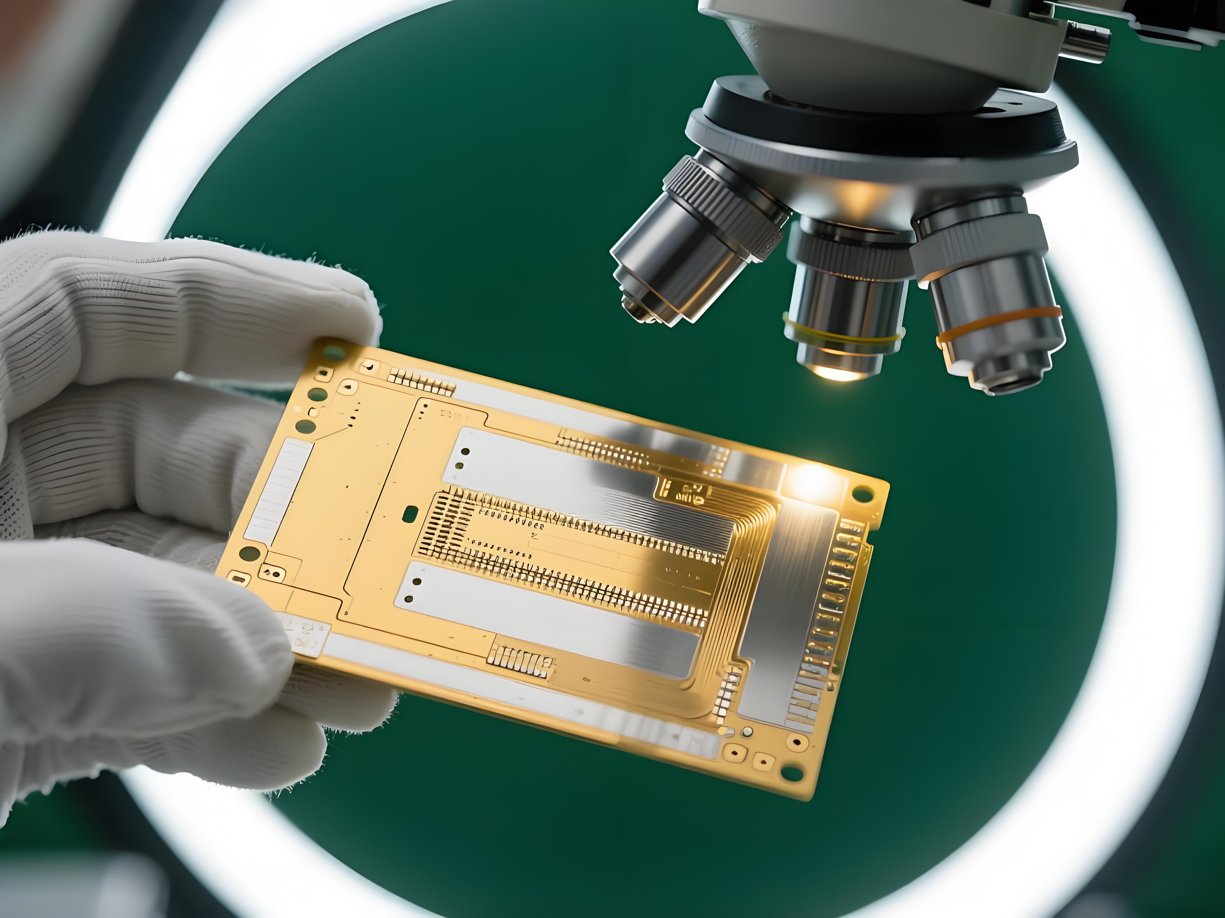 ENIG化金板質(zhì)量控制檢查場景，展示顯微鏡下的金屬鍍層細節(jié)