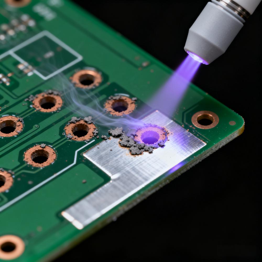 激光鉆孔后等離子清洗微盲孔除膠渣場(chǎng)景，淡紫色等離子體去除孔壁碳化殘留