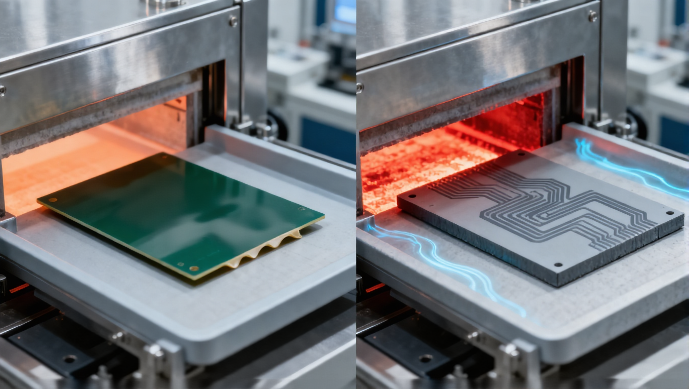 LTCC與HTCC燒結(jié)工藝對(duì)比場(chǎng)景，850-900℃淡橙色光適配銀漿線路，1600-1800℃深紅色光適配鎢漿線路