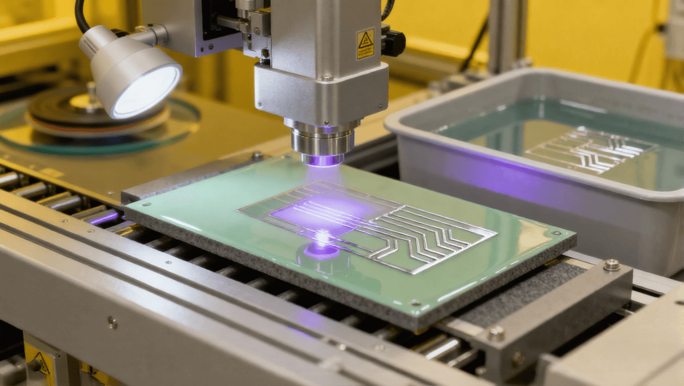 陶瓷板光刻圖形化場景，紫外曝光 + 顯影液露出銀色銅種子層圖形