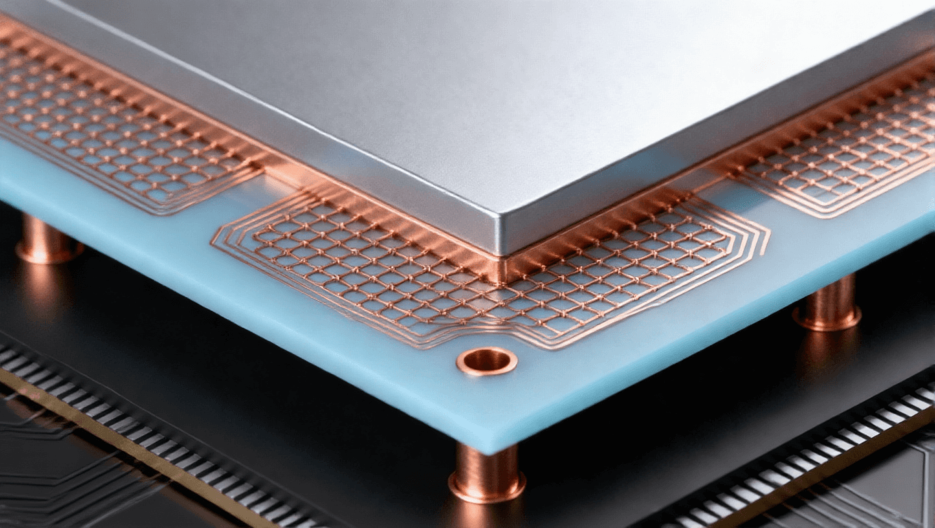 三維堆疊硅中介層，淡藍(lán)色硅片與銅色互連線(xiàn)路