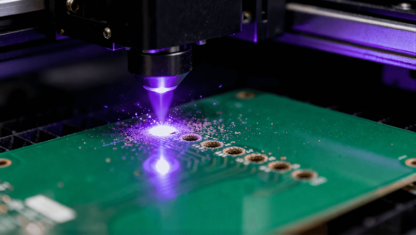 激光鉆孔機在HDI板上形成微孔的高科技制造場景