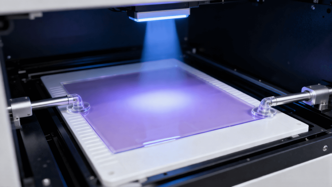 PCB改良型半加成法mSAP工藝光刻顯影環(huán)節(jié)，展示臥式光刻設(shè)備、透明PI基板、淡紫色光刻膠及紫外光，高端PCB光刻場(chǎng)景