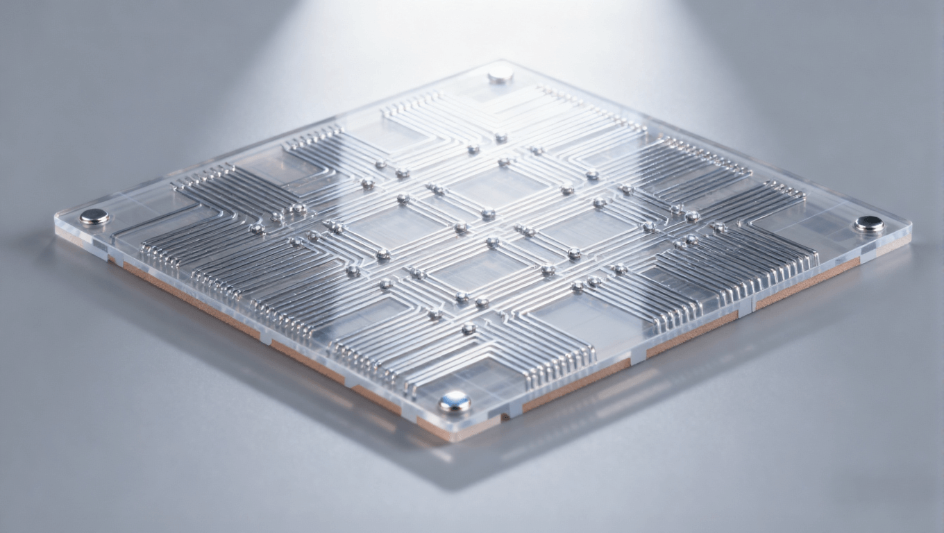 Mini LED驅(qū)動(dòng)板mSAP工藝精細(xì)線路特寫，展示透明PCB基板與銀銅色細(xì)密線路，高端PCB線路細(xì)節(jié)圖