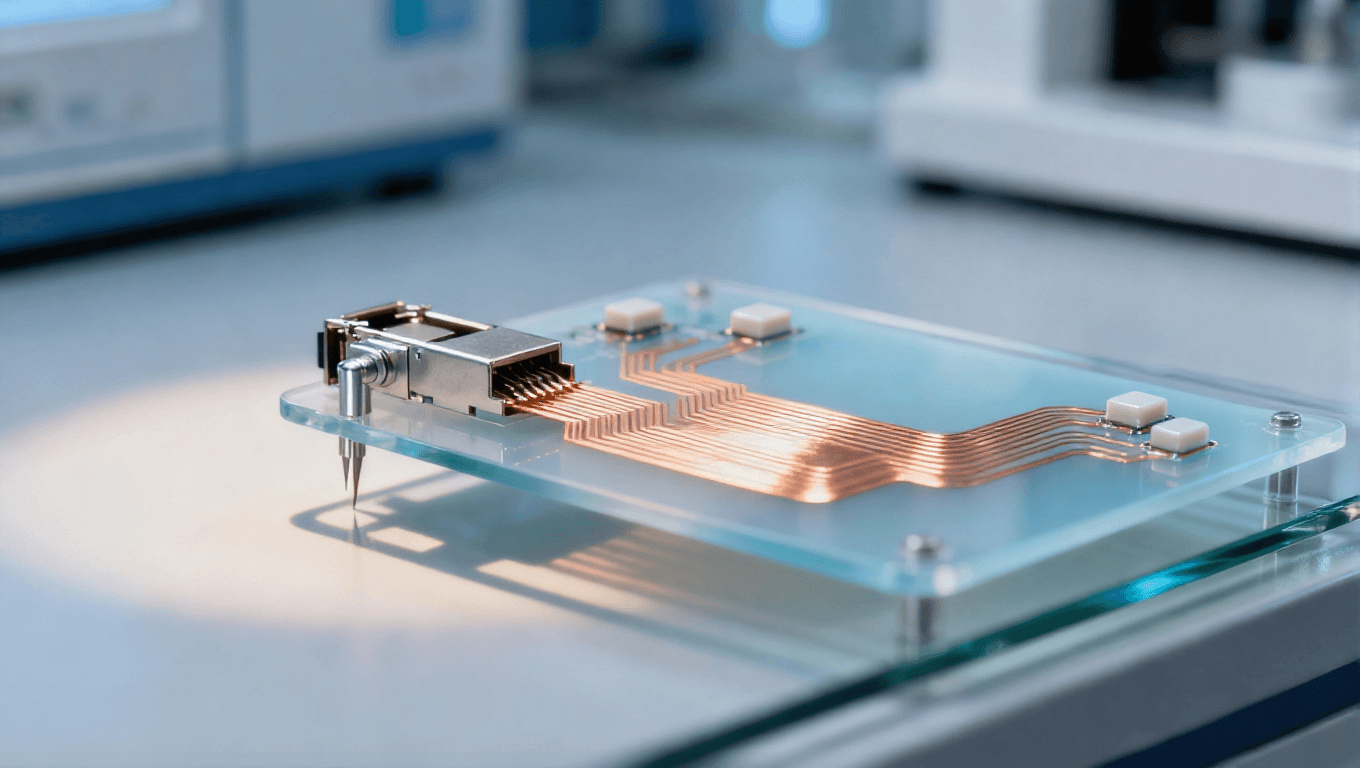 實(shí)驗(yàn)室測試光模塊 PCB 淡藍(lán)色低 Dk 基材 淺橙色銅箔線路 金屬測試探針 電子測試場景 冷光光影 實(shí)驗(yàn)室測試光模塊 PCB 淡藍(lán)色低 Dk 基材 淺橙色銅箔線路 金屬測試探針 電子測試場景 冷光光影