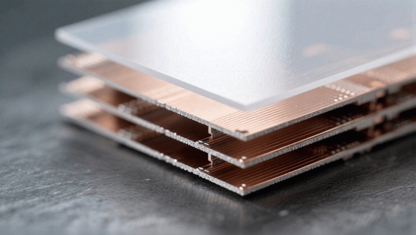 光模塊PCB材料層壓工藝特寫 半透明淡灰介電層 銀銅色銅箔層 冷白頂光 電子制造工藝 微觀質(zhì)感 光模塊PCB材料層壓工藝特寫 半透明淡灰介電層 銀銅色銅箔層 冷白頂光 電子制造工藝 微觀質(zhì)感