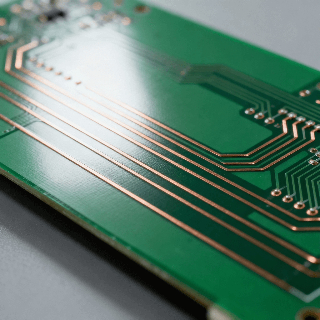 綠色 PCB 印刷電路板特寫，表面分布精密銅箔導(dǎo)電線路的硬質(zhì)電子載體