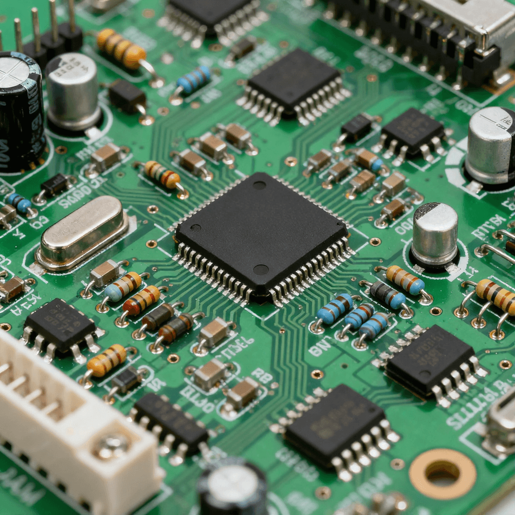 綠色 PCB 基板上集成電阻、電容、芯片的 PCBA 組件，焊點(diǎn)呈現(xiàn)金屬光澤