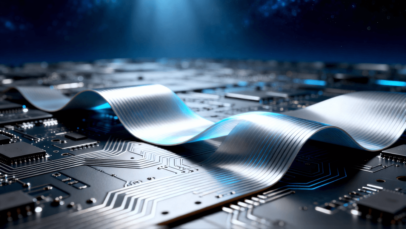 剛性電路板與超彈性柔性電路板對(duì)比，象征電子設(shè)備從固定形態(tài)向可折疊時(shí)代的材料革新