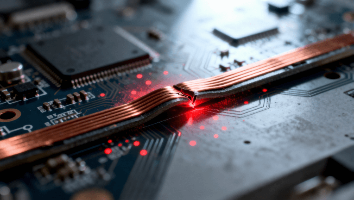 可折疊電路板鉸鏈區(qū)應(yīng)力集中與疲勞損傷示意圖，揭示傳統(tǒng)材料在反復(fù)折疊中的挑戰(zhàn)