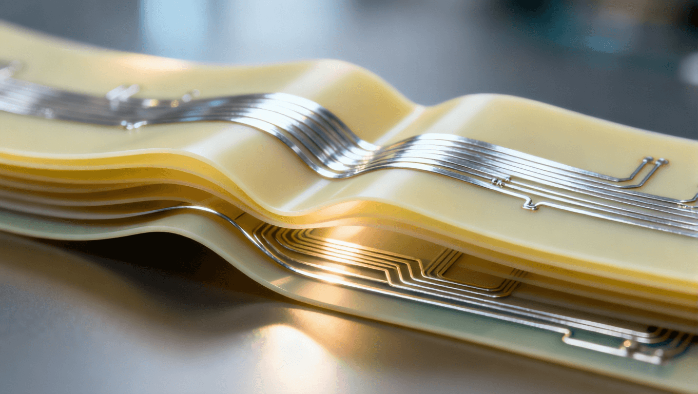 可折疊電路板內(nèi)部結(jié)構剖面圖，顯示超彈性基板與柔性導體的集成設計