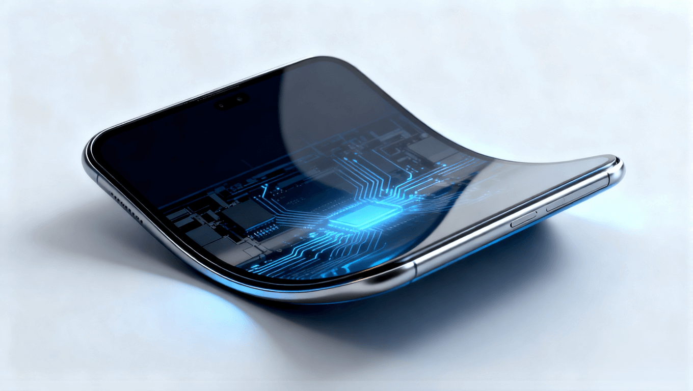 可折疊電子設備概念圖，展示超彈性材料支撐的柔性電路與無縫折疊設計