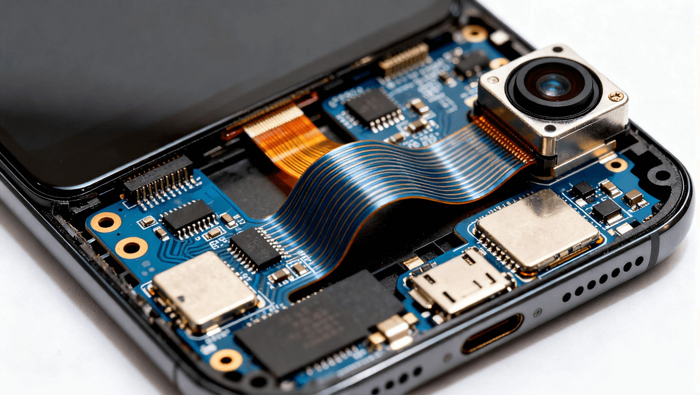 部分拆解的現(xiàn)代智能手機(jī)，靈活電路板繞過(guò)攝像頭模塊，體現(xiàn)緊湊集成設(shè)計(jì)