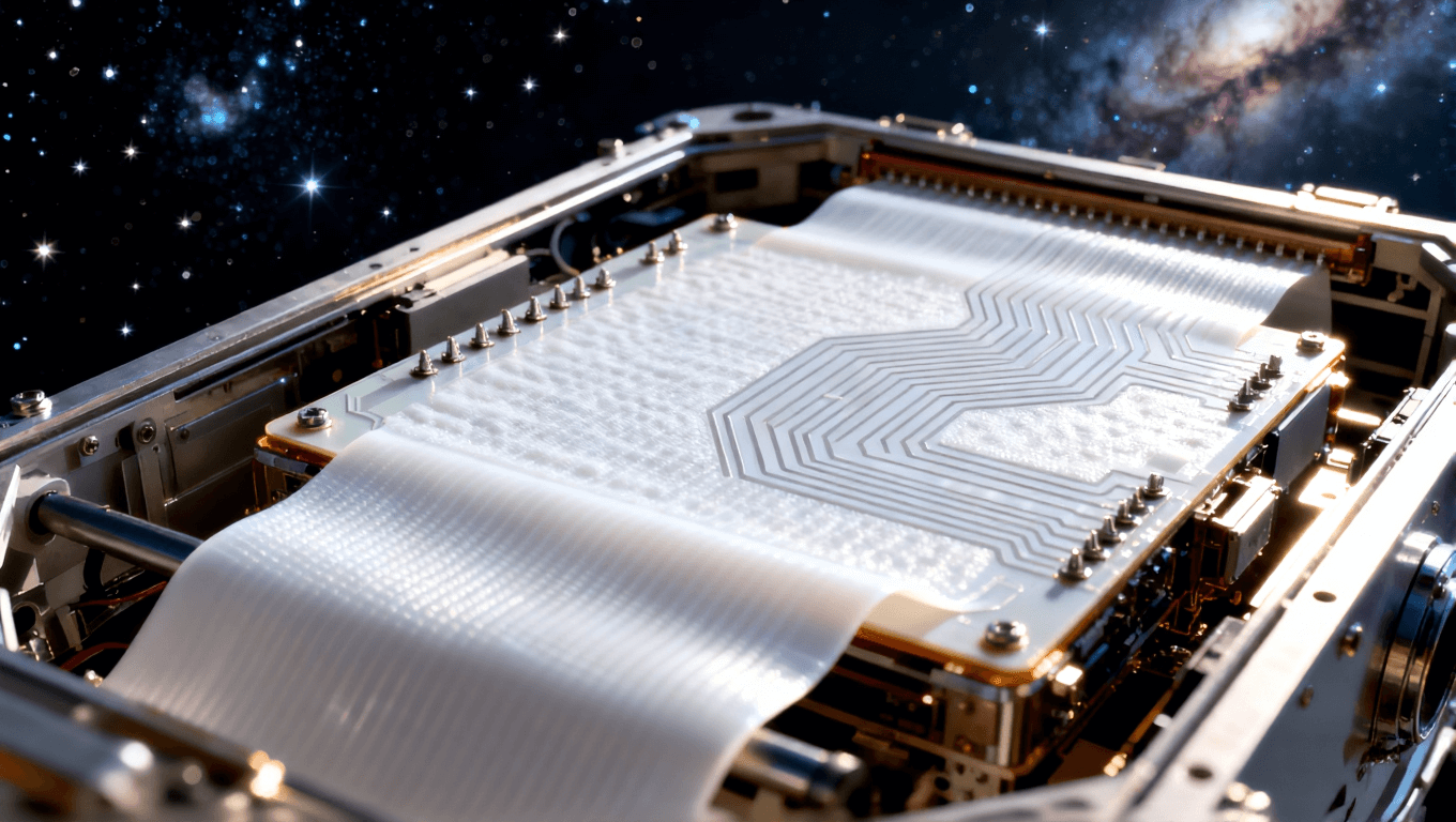 衛(wèi)星載荷系統(tǒng)中的撓性電路板，強(qiáng)調(diào) PTFE 材料的耐極端溫度特性