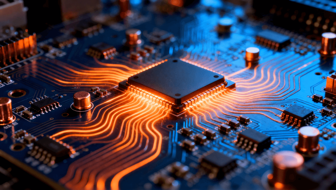 高科技電路板特寫，銅線和微芯片發(fā)熱光線，熱傳遞動態(tài)效果，金屬光澤，藍色與橙色對比，柔和陰影