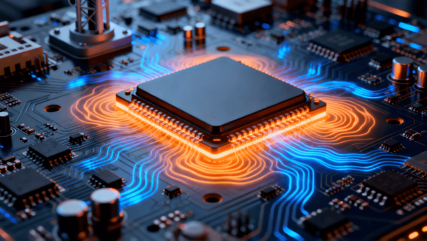 5G通信基站，安裝高功率組件的電路板，動態(tài)熱流圖案，橙藍色熱管理光效