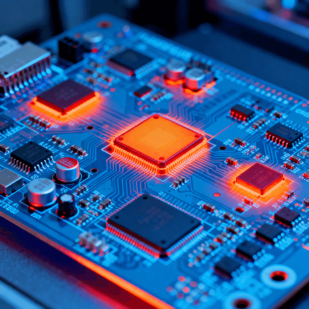 電路板可靠性測(cè)試熱成像圖，顯示高溫工作狀態(tài)下的熱量分布