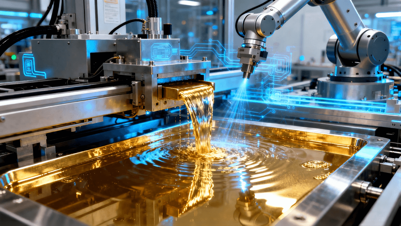 展示無氰鍍金工藝設(shè)備與自動(dòng)化生產(chǎn)線，體現(xiàn)先進(jìn)的生產(chǎn)技術(shù)與高效操作