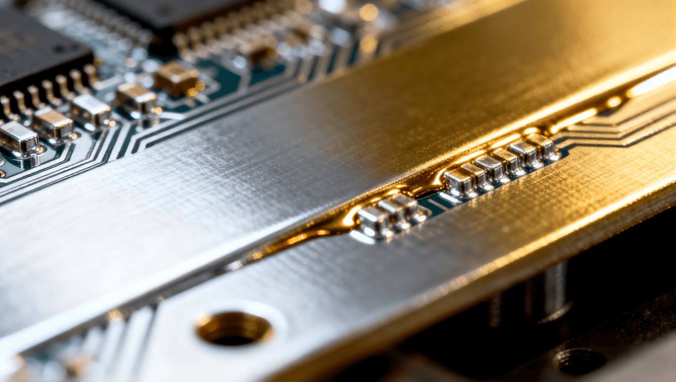 精密電路板表面處理，展示鎳金鍍層沉積的細(xì)節(jié)，體現(xiàn)專業(yè)制造環(huán)境中的光亮金屬質(zhì)感