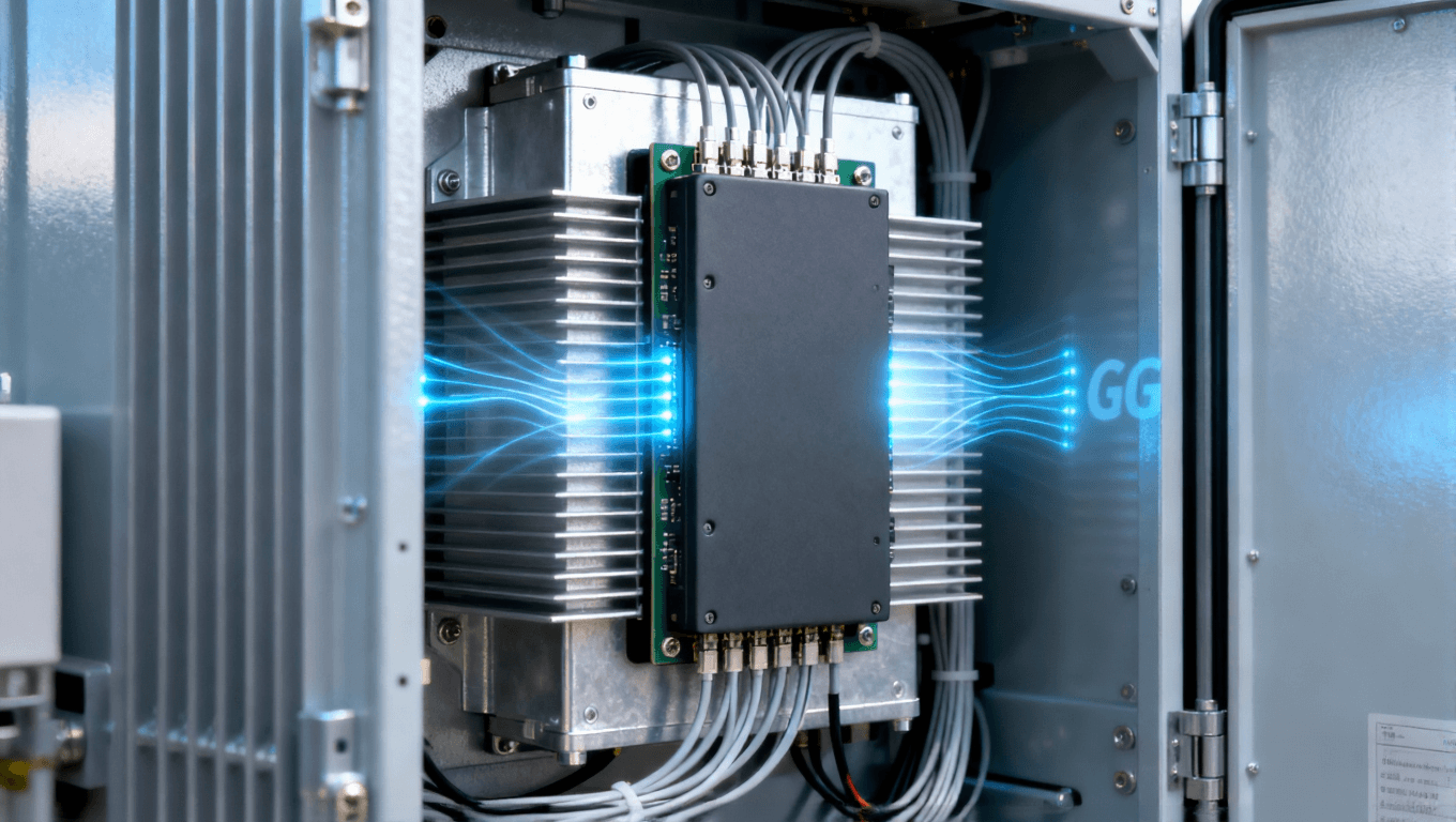 5G 基站 AAU 內(nèi)部 阻抗控制板與散熱片特寫 5G 基站 AAU 內(nèi)部 阻抗控制板與散熱片特寫