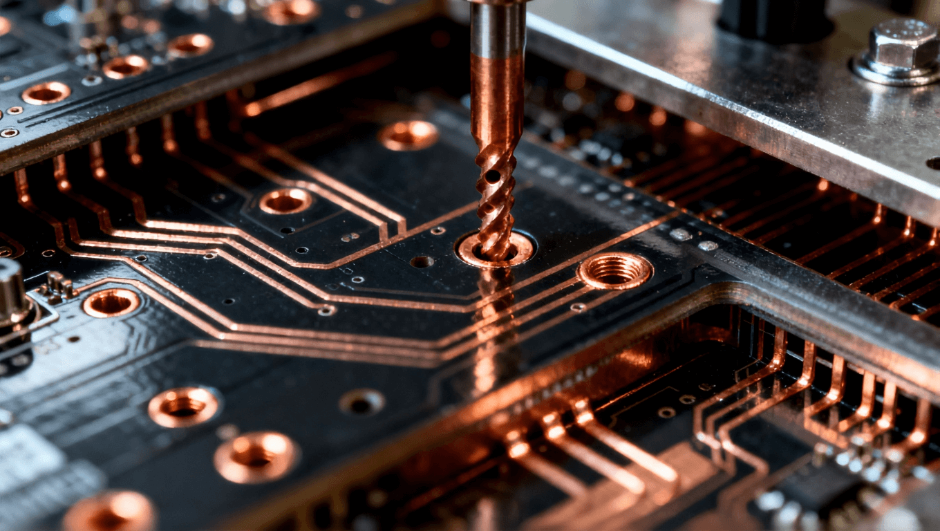 多層PCB的詳細(xì)視圖，展示銅層連接和鉆孔，突出層間復(fù)雜的導(dǎo)電連接