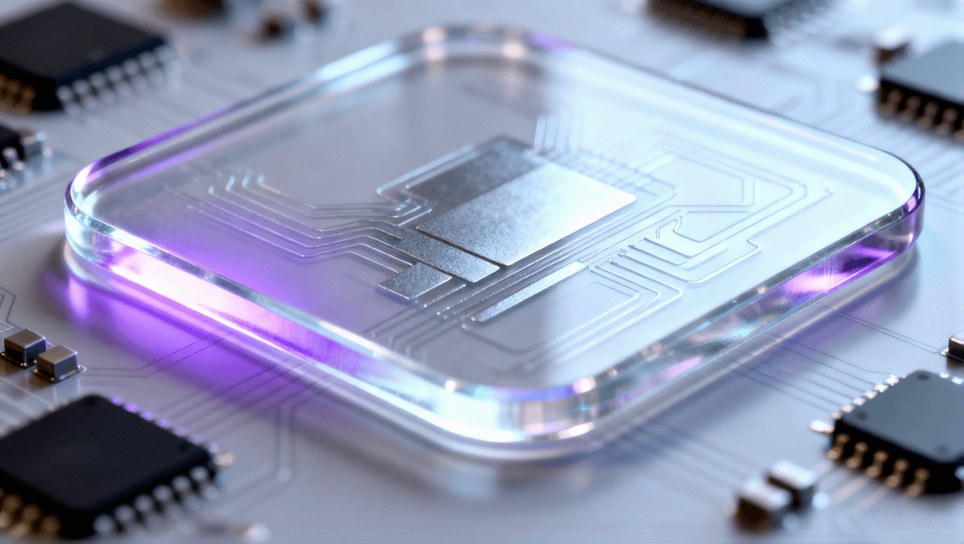 半透明玻璃封裝基板內(nèi)部隱約可見金屬線路布局且環(huán)繞著微型芯片 半透明玻璃封裝基板內(nèi)部隱約可見金屬線路布局且環(huán)繞著微型芯片