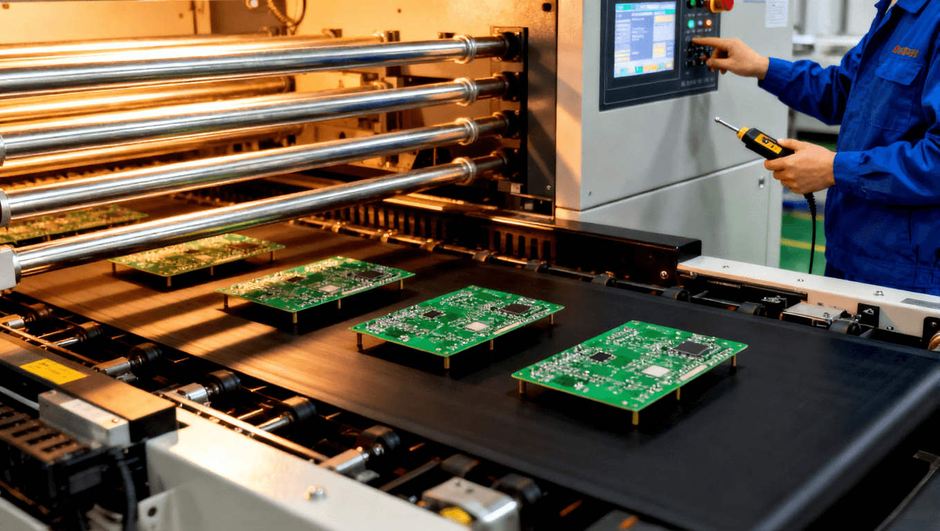 PCB焊接設備校準與維護場景，突出焊接工藝優(yōu)化中的設備穩(wěn)定性控制