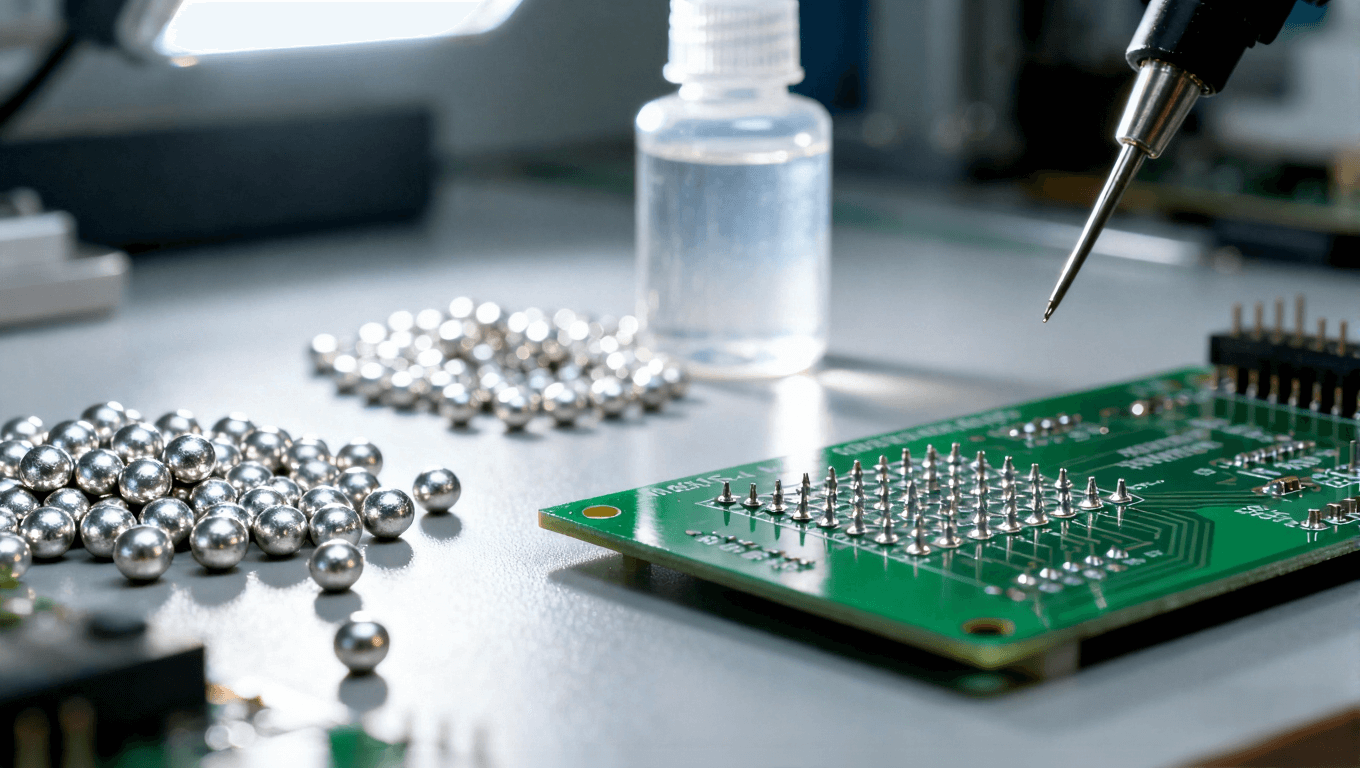 PCB焊接材料選型場景，展示焊料和助焊劑在電子制造中的應用，強調(diào)高精度焊接質(zhì)量控制