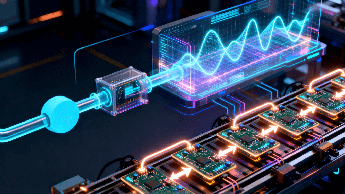 高頻板材選型標準化流程抽象圖，從需求輸入到參數(shù)匹配、仿真驗證再到批量生產(chǎn)的可視化流程