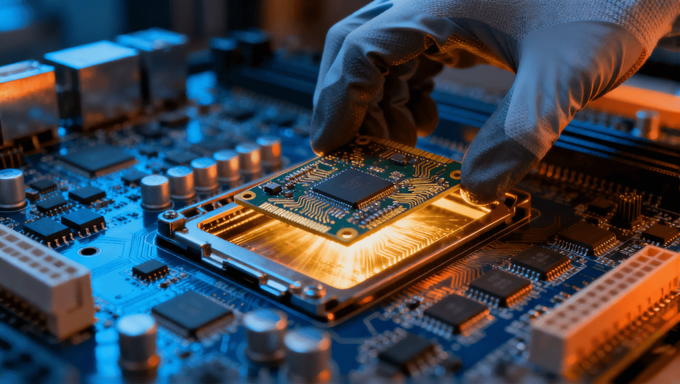 工程師將高頻電路板精準嵌入系統(tǒng)主板，金色光芒體現(xiàn)參數(shù)匹配與性能優(yōu)化的完美結合